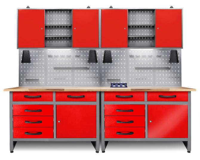 Werkbank mit Schubladen, Schränken und Lochwand