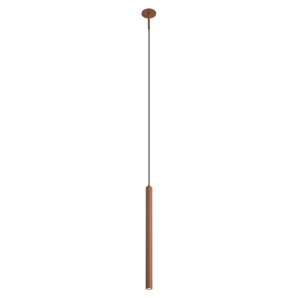 Moderne, zylindrische Pendelleuchte in minimalistischem Design, mit schlankem, rostfarbenem Korpus und dünnem, schwarzem Abhängungskabel.