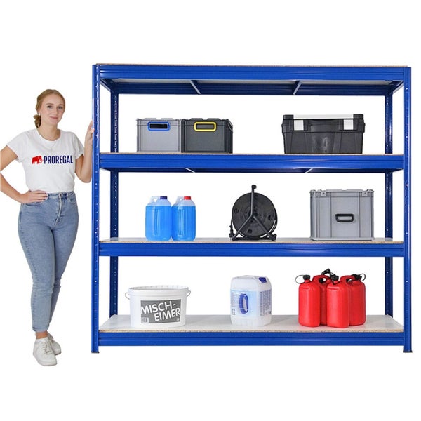 Blaues Lagerregal mit vier Ebenen, gefüllt mit verschiedenen Behältern und Werkzeugen.