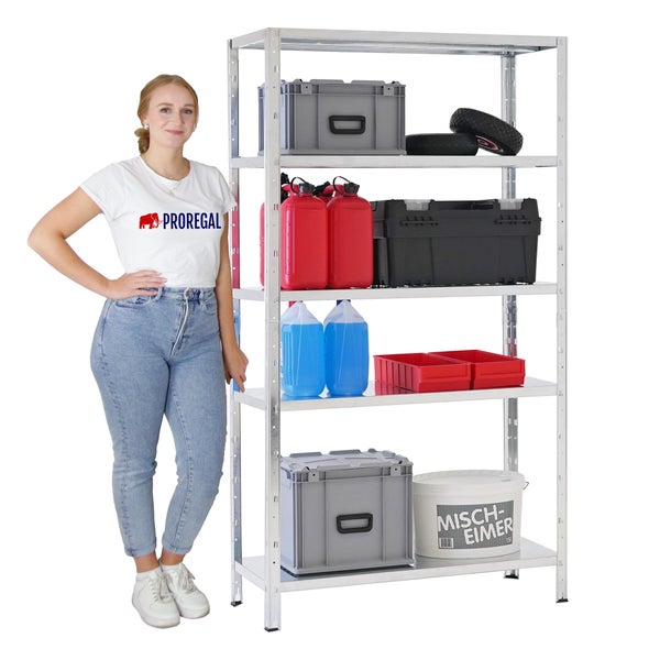PROREGAL Metallregal mit 5 Fachböden, beladen mit verschiedenen Lagerboxen und Behältern, neben einer Person zur Größenveranschaulichung.