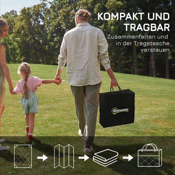 Collage mit Szenen im Freien mit einem Blattmuster-Teppich in verschiedenen Umgebungen: Camping, Schwimmbad und Garten