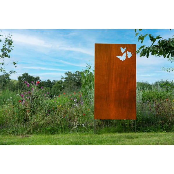 Home Deluxe - Sichtschutz BUTTERFLY - 180 x 100 cm - wetterbeständig, edle Rostoptik I Rostschild, Gartenstecker, Roststecker