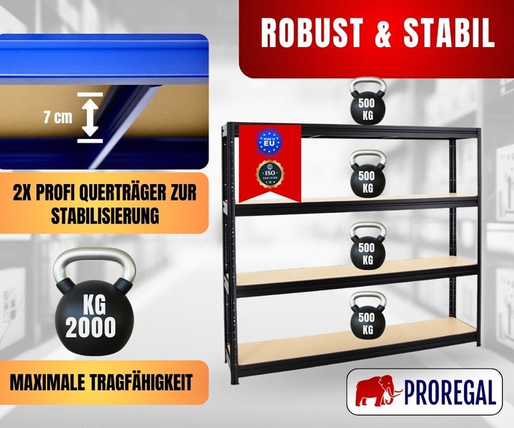 Schwerlastregal, 4 Böden, 2000 Kilogramm Traglast, 500 pro Boden, 2 Querträger, 7 Zentimeter Profilhöhe, ISO zertifiziert, ProRegal Logo.