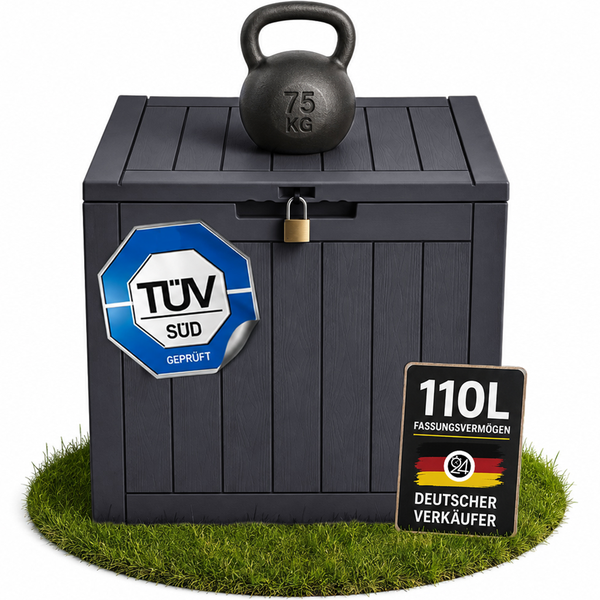 Dunkelgraue Gartenbox in Holzoptik mit 110 Liter Fassungsvermögen, TÜV SÜD geprüft, belastbar mit 75 Kilogramm und abschließbar.