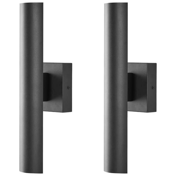 Set aus zwei modernen, zylinderförmigen Wandleuchten aus Metall in Anthrazit mit Lichtaustritt nach oben und unten.