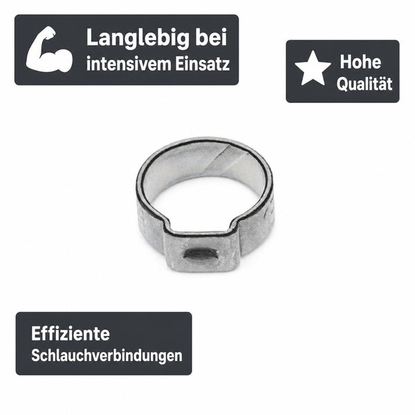 Ohrklemme aus Metall für Schlauchverbindungen mit Symbolen für Langlebigkeit bei intensivem Einsatz und hohe Qualität.