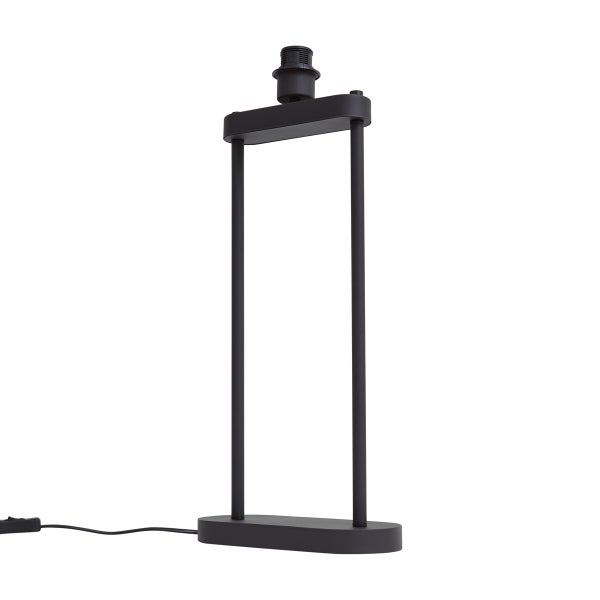 Schwarzer Tischlampenfuß aus Metall mit ovalem Sockel und zwei vertikalen Stangen.