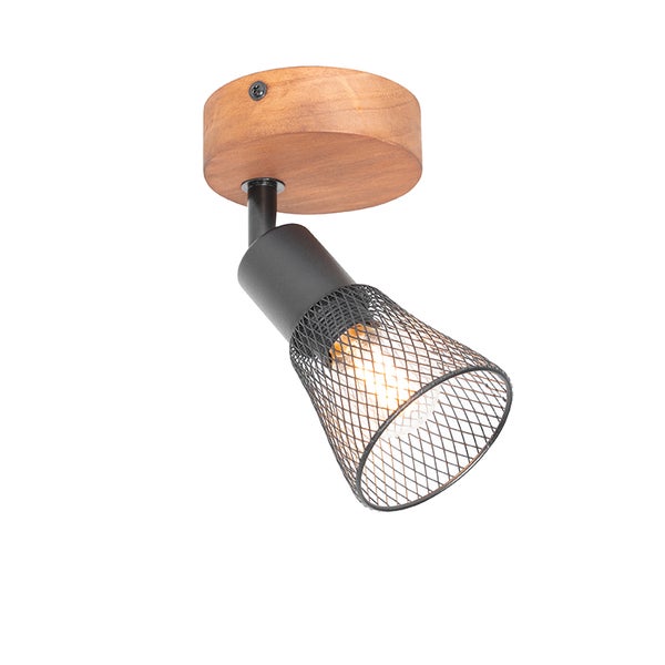 Deckenstrahler mit Holzsockel und schwarzem Lampenschirm