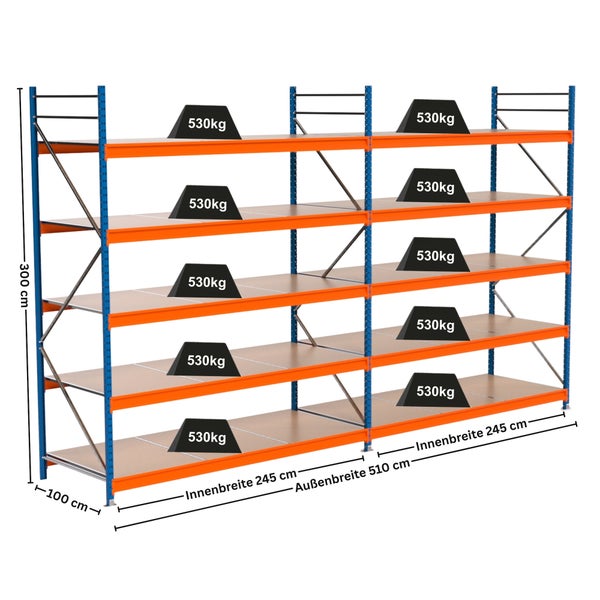 Blaues und oranges Schwerlastregal mit einer Traglast von 530 Kilogramm pro Regalboden und den Maßen 300 mal 100 mal 510 Zentimeter