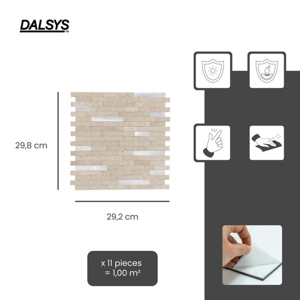 Dalsys Logo, selbstklebende Mosaikfliese aus Stein und Metall, 29,8 mal 29,2 Zentimeter, 11 Stück pro Quadratmeter, UV-beständig, wasserfest.