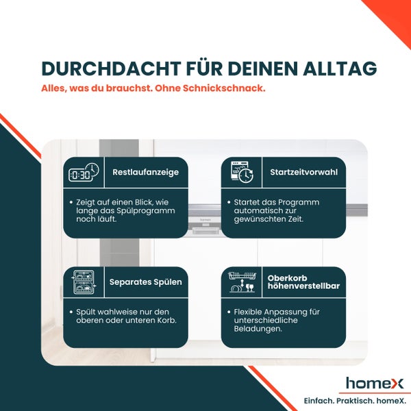 Homex Geschirrspüler-Funktionen: Restlaufanzeige, Startzeitvorwahl, separates Spülen, höhenverstellbarer Oberkorb