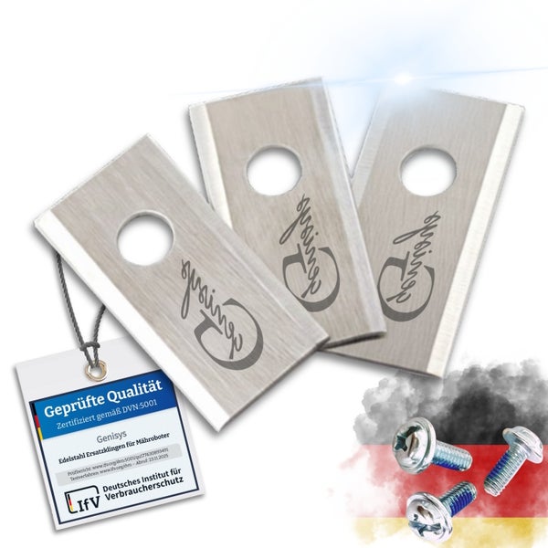 Genisys Mähroboter Ersatzklingen aus Edelstahl mit Schrauben und Qualitätszeichen