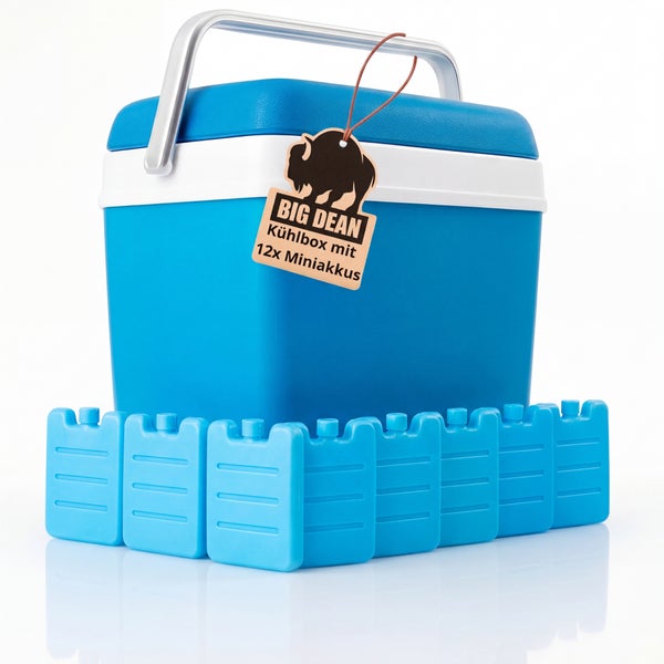 Blaue Kühlbox mit silbernem Tragegriff und 12 kleinen blauen Kühlakkus. Big Dean Logo.