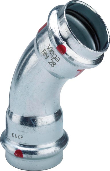 Viega Prestabo Bogen 45 Grad 28 Millimeter aus verzinktem Stahl mit Pressanschluss für Heizungsanlagen.