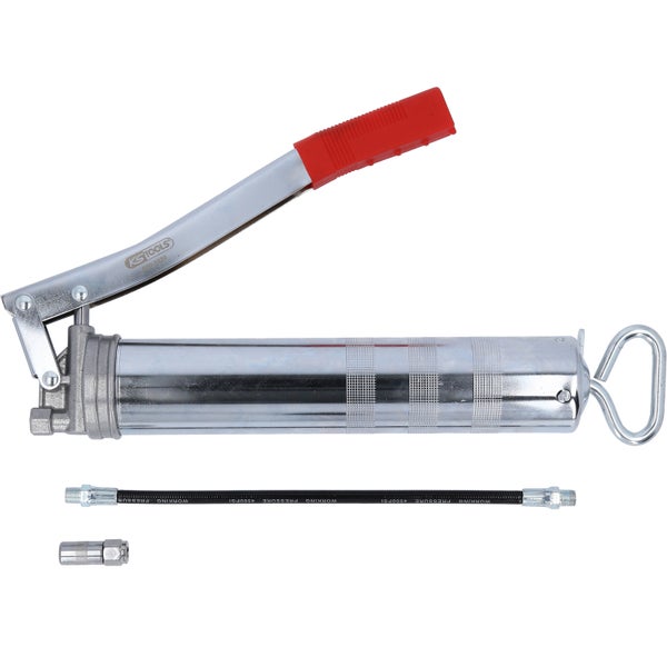 KS Tools Handfettpresse mit Hebel, Schlauch und Mundstück für die manuelle Schmierung von Maschinen und Fahrzeugen.