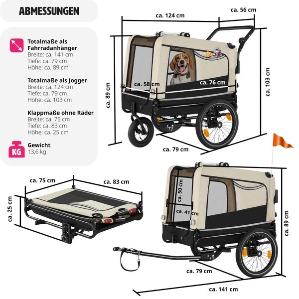 Hundeanhänger tectake WoofRider inklusive Reflektoren, Leine und Warnfahne 3in1 multifunktional beige