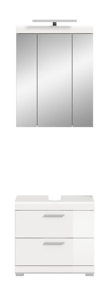 Badezimmermöbel-Set bestehend aus einem dreitürigen Spiegelschrank mit Beleuchtung und einem Waschtischunterschrank mit zwei Schubladen.