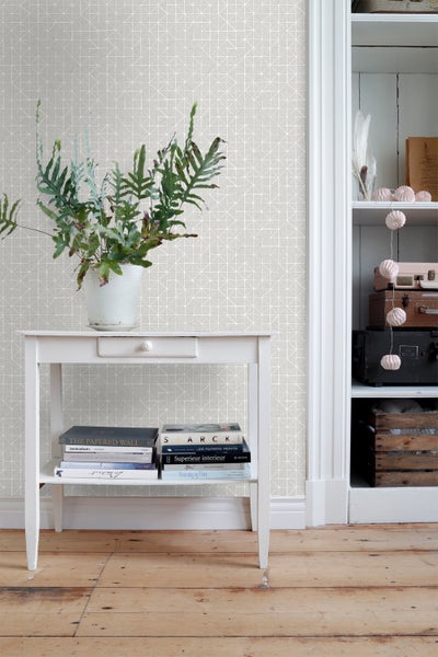 Szene mit geometrischer Tapete, Beistelltisch mit Pflanze und Büchern sowie Regal