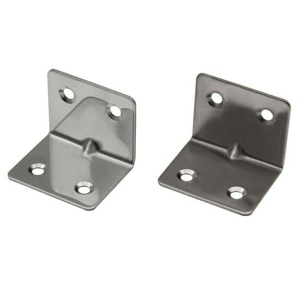 Zwei Winkelverbinder aus Metall mit Schraublöchern zur Verbindung von Bauteilen.