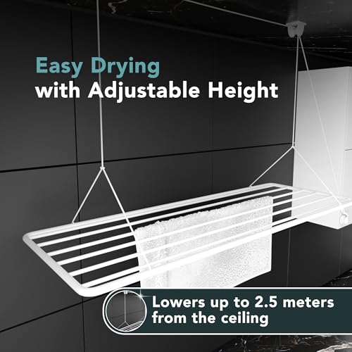 Wäscheständer Decke 140x50cm, Wäscheständer Platzsparend mit 11.2 Metern Trocknungsoberfläche, Wäscheständer Badewanne, Vertikal Zusammenklappbar 2.5 Meter, Deckenwäschetrockner aus Metall, Weiß