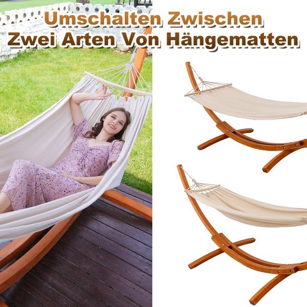 Freistehende Hängematte aus Holz mit Textil Liegefläche im Garten
