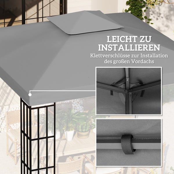 Graues Ersatzdach für Pavillon mit Doppeldach und Klettverschlüssen zur Befestigung am Rahmen.