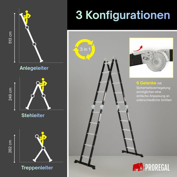 Multifunktionsleiter 3 in 1 von Proregal als Anlegeleiter Stehleiter oder Treppenleiter mit Sicherheitsgelenken für flexible Arbeitshöhen