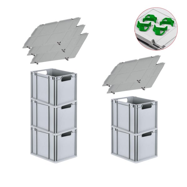 PROREGAL Spar Set 5x Eurobox Nextgen Economy Mit Auflagedeckel & 4x Schiebeschnappverschlüsse Grün Griffe Offen HxBxT 32 x 30 x 40 cm 30 Liter