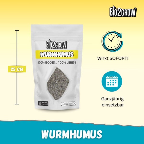 Bio2grow Wurmhumus organisch 2 Liter – Nährstoffreicher Bodenverbesserer für Garten & Zimmerpflanzen – Langsame Nährstoffabgabe, fördert Bodenfruchtbarkeit & Pflanzengesundheit – Umweltfreundlich & nachhaltig