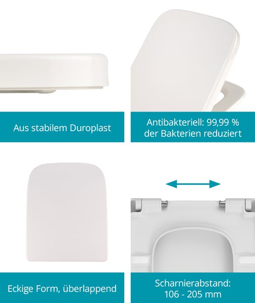 Produktmerkmale eines WC Sitzes aus Duroplast mit antibakterieller Oberfläche, eckiger Form und verstellbarem Scharnierabstand von 106 bis 205 mm.