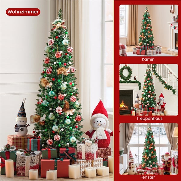 Schmaler Weihnachtsbaum mit Dekoration und Geschenken in Wohnzimmer, Kaminzimmer, Treppenhaus und Fensterbereich.