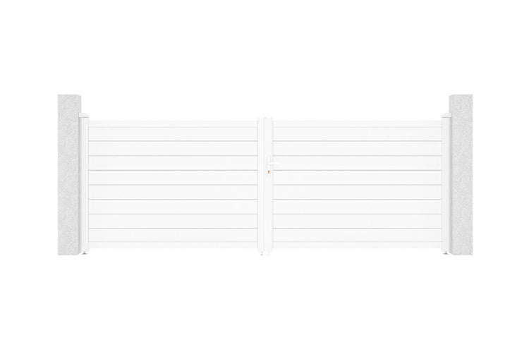 Doppelflügeltor mit horizontalen Lamellen zwischen zwei Betonpfosten