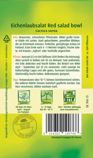 Rückseite einer Samentüte für Eichenlaubsalat Red salad bowl mit Anleitungen für Aussaat, Keimung, Ernte und Pflege sowie einem Qualitätssiegel.