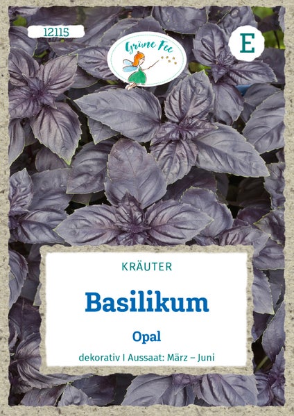 Samentüte für Basilikum Opal, Grüne Fee Logo, dekoratives Kraut, Aussaat von März bis Juni.