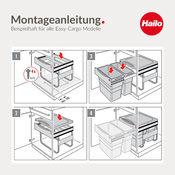 Montageanleitung für Hailo Easy-Cargo Abfallsysteme in vier Schritten: Befestigung, Deckelmontage und Einsetzen der Eimer. Hailo Logo.