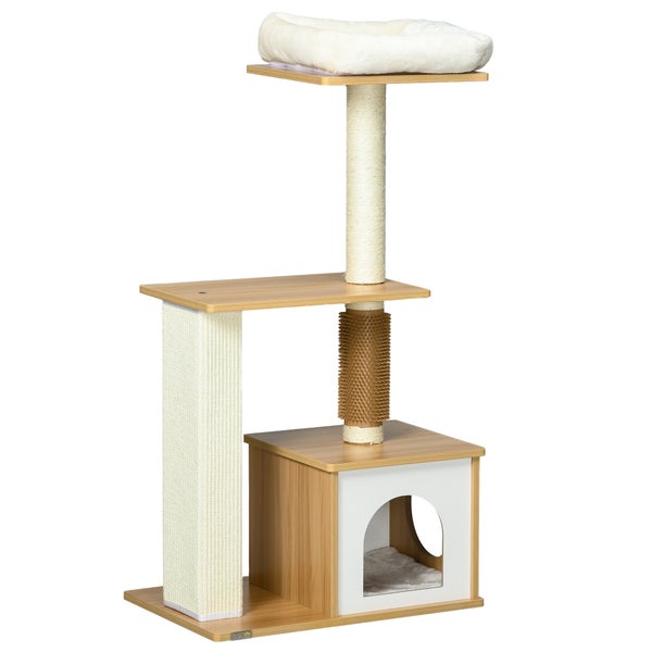 PawHut Kratzbaum, 114 cm hoch, Katzenbaum, mehrstöckiger Kletterbaum mit Katzenbett, Katzenhöhle, Katzenmöbel mit Kitzelsäule, Katzenkratzbaum für Katzen bis 5 kg, Eiche