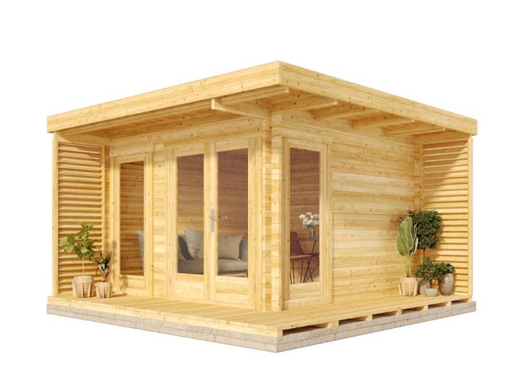 Alpholz Gardenlounge Cube - 44 Gartenhaus aus Holz, Holzhaus mit 44 mm Wandstärke inklusive Terrasse Blockbohlenhaus, Naturbelassen 4x4m