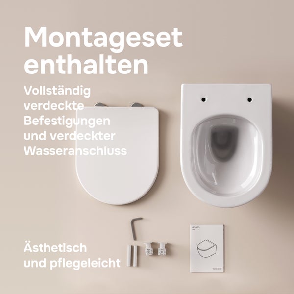 Wand-WC Set mit WC-Sitz, verdeckter Befestigung, Anschlussmaterial und Montageanleitung für eine einfache und ästhetische Installation.