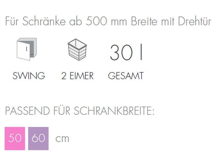 Informationen zum Schrankmülleimer: geeignet für Schränke ab 500 mm Breite, Drehtür, Swing, zwei Eimer, 30 Liter Gesamtvolumen, passend für Schrankbreiten 50 cm und 60 cm