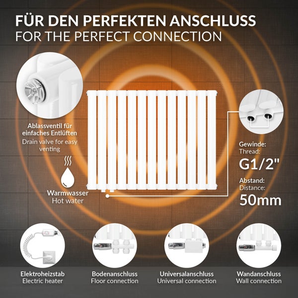 ML-Design Paneelheizkörper 600 x 780 mm Weiß Doppellagig mit Heizstab 600W, Horizontaler Heizkörper Ovale Röhren, Design Badheizkörper Seitenanschluss, Designheizkörper Röhrenheizkörper Bad Heizung