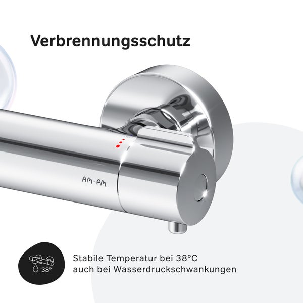 Duschthermostat mit Verbrühschutz und konstanter Temperaturregelung bei 38 Grad Celsius.