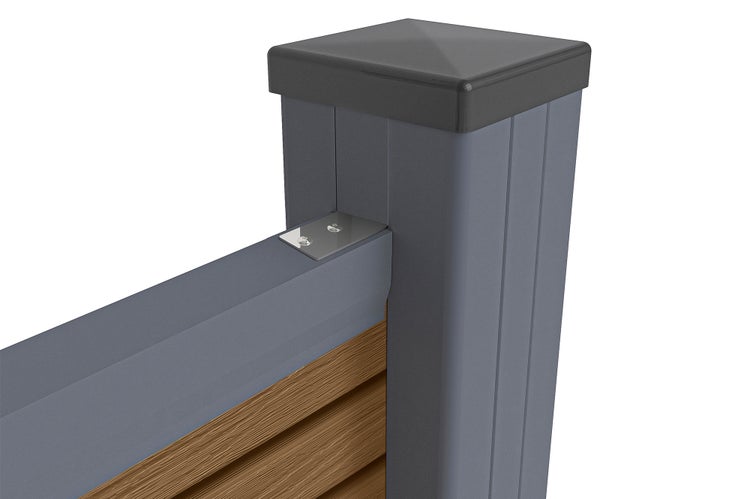 Zaunpfosten mit Pfostenkappe für Sichtschutzelement aus Holz und Metall