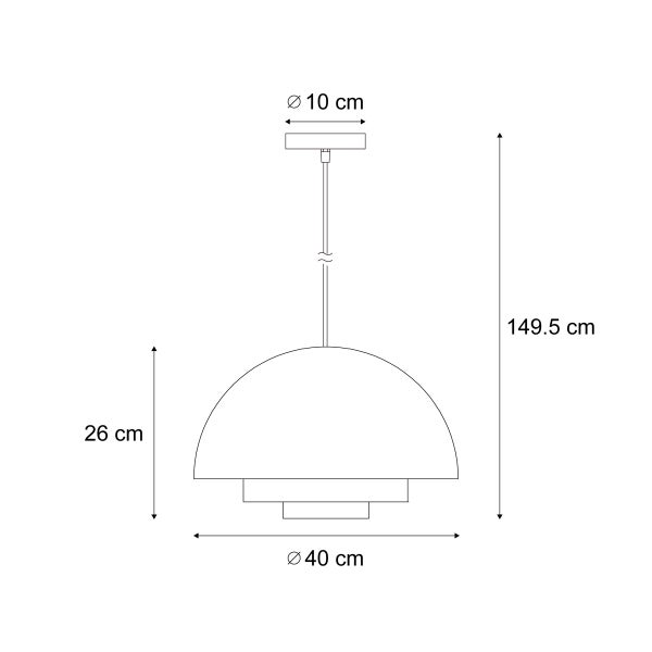 Technische Zeichnung einer Pendelleuchte mit den Maßen 149,5 cm Höhe, 40 cm Durchmesser und 26 cm Lampenhöhe