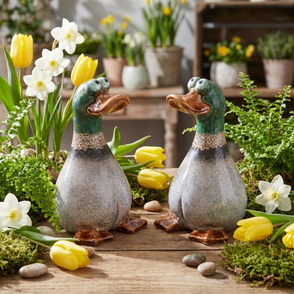 Zwei dekorative Entenfiguren aus Keramik als Garten- oder Wohndekoration in einer Frühlingsumgebung mit Tulpen und Narzissen auf einem Holztisch.