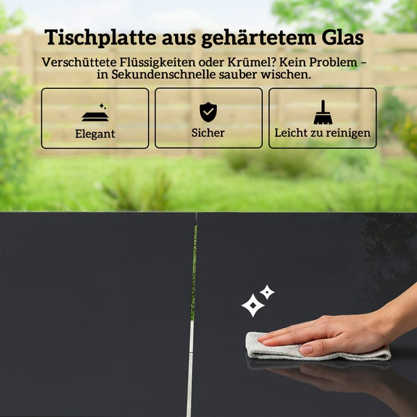 Tischplatte aus schwarzem gehärtetem Glas, die mit einem Tuch abgewischt wird. Symbole für elegantes Design, Sicherheit und einfache Reinigung.
