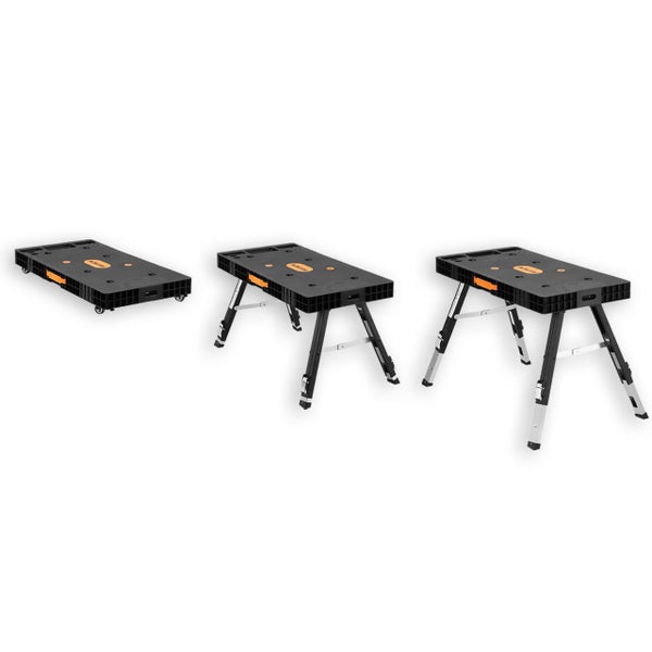 Drei schwarze Werkbänke in unterschiedlichen Aufstellungen: flach auf Rollen, mit ausgeklappten Beinen und stehend.