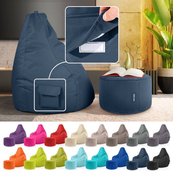 Green Bean 2er Set Sitzsack + Hocker - fertig befüllt - robust waschbar schmutzabweisend - Kinder & Erwachsene Bean Bag Bodenkissen Lounge Sitzhocker Relax-Sessel Gamer Gamingstuhl Pouf - Dunkelblau