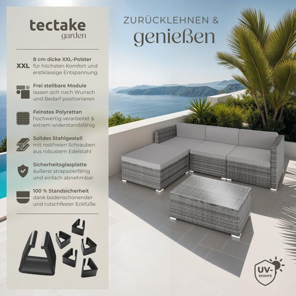 Rattan Lounge tectake Florenz mit Sicherheitsglasplatte für 3 bis 4 Personen grau