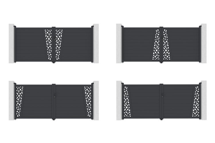 Anthrazitfarbenes zweiflügeliges Aluminium-Einfahrtstor mit horizontalen Lamellen und geometrischen Dekorelementen in vier Designvarianten.