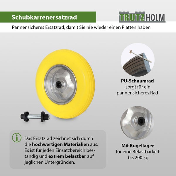Pannensicheres Trutzholm Schubkarrenrad aus Polyurethan Schaumstoff mit Stahlfelge und Kugellager für 200 Kilogramm Tragkraft inklusive Achse